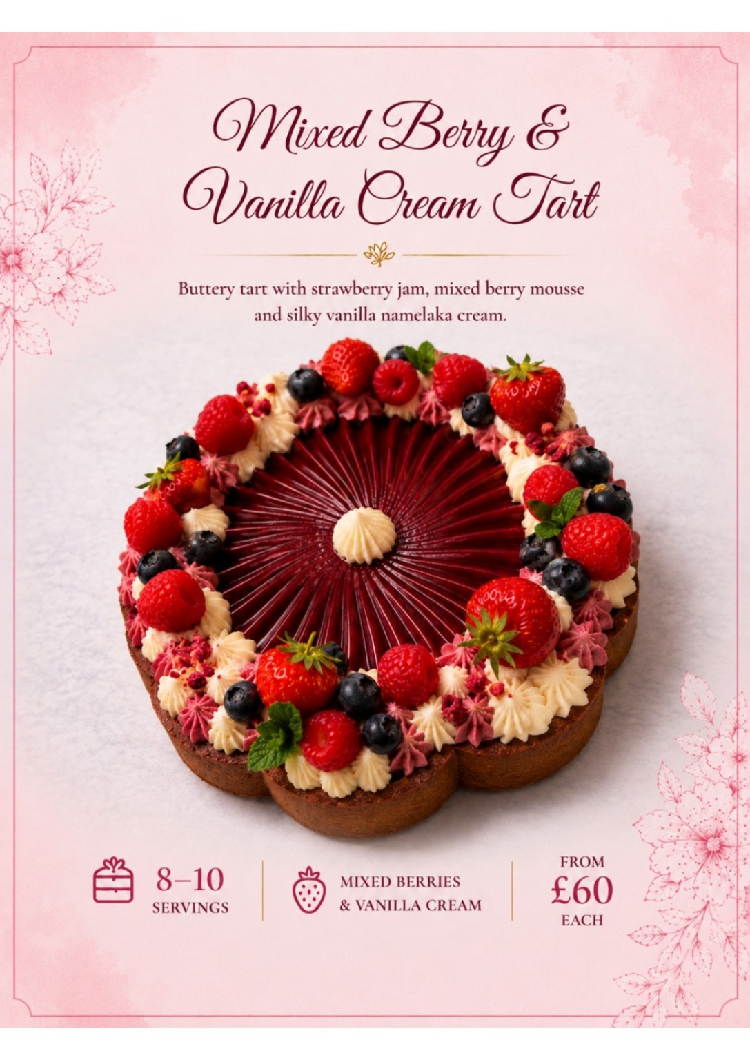 Mixed berry and vanilla cream tart menu